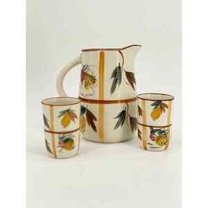 Vintage Japan Autumn Pitcher Two Tumblers Jug Ceramic Acorn Pear Leaf Strawberry